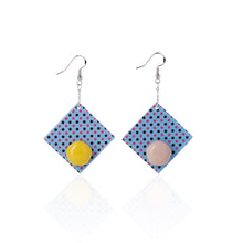 Load image into Gallery viewer, yellow and purple handcrafted earrings on white background
